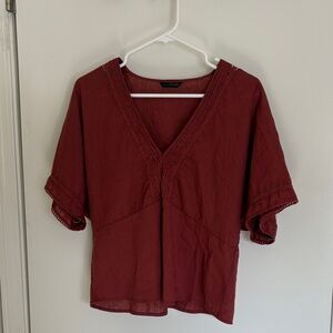Zara Terracotta Red V-Neck Cotton & Linen Blouse - Size Medium